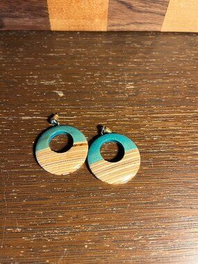 Wood and Turquoise Colored Hoop Earrings